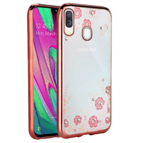 Луксозен силиконов гръб ТПУ ултратънък с 3D камъни и златисто розов кант за Samsung Galaxy A40 A405F розови цветя 